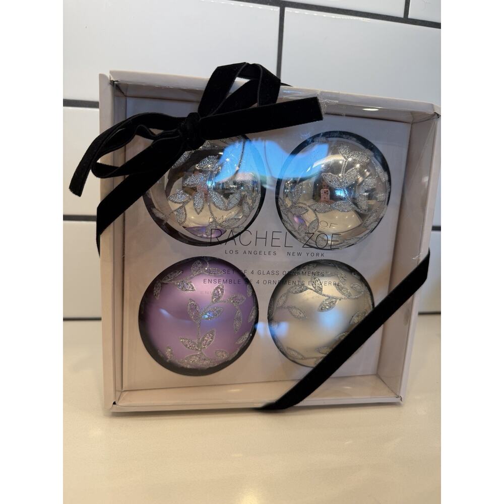 Rachel Zoe Silver Lavender Beaded Round Glass Christmas Ornaments 4 Pc New!!
